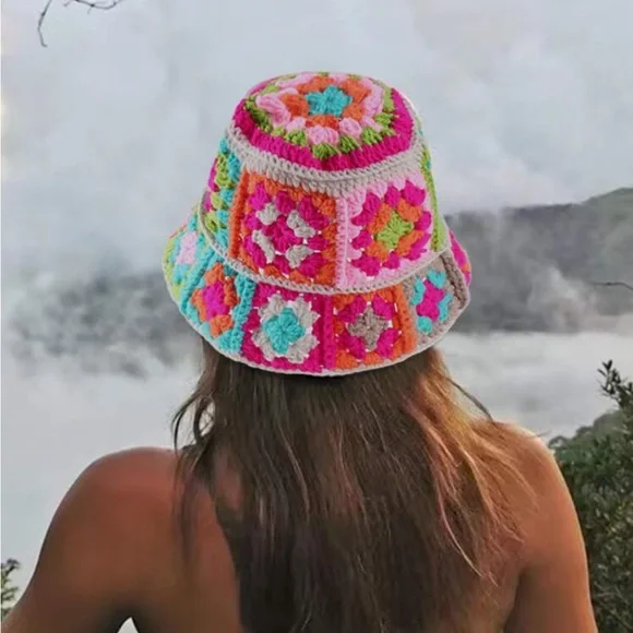 Multi Bright Printed Floral Knit Crochet Fisherman Hat OS New - Picture 2 of 9